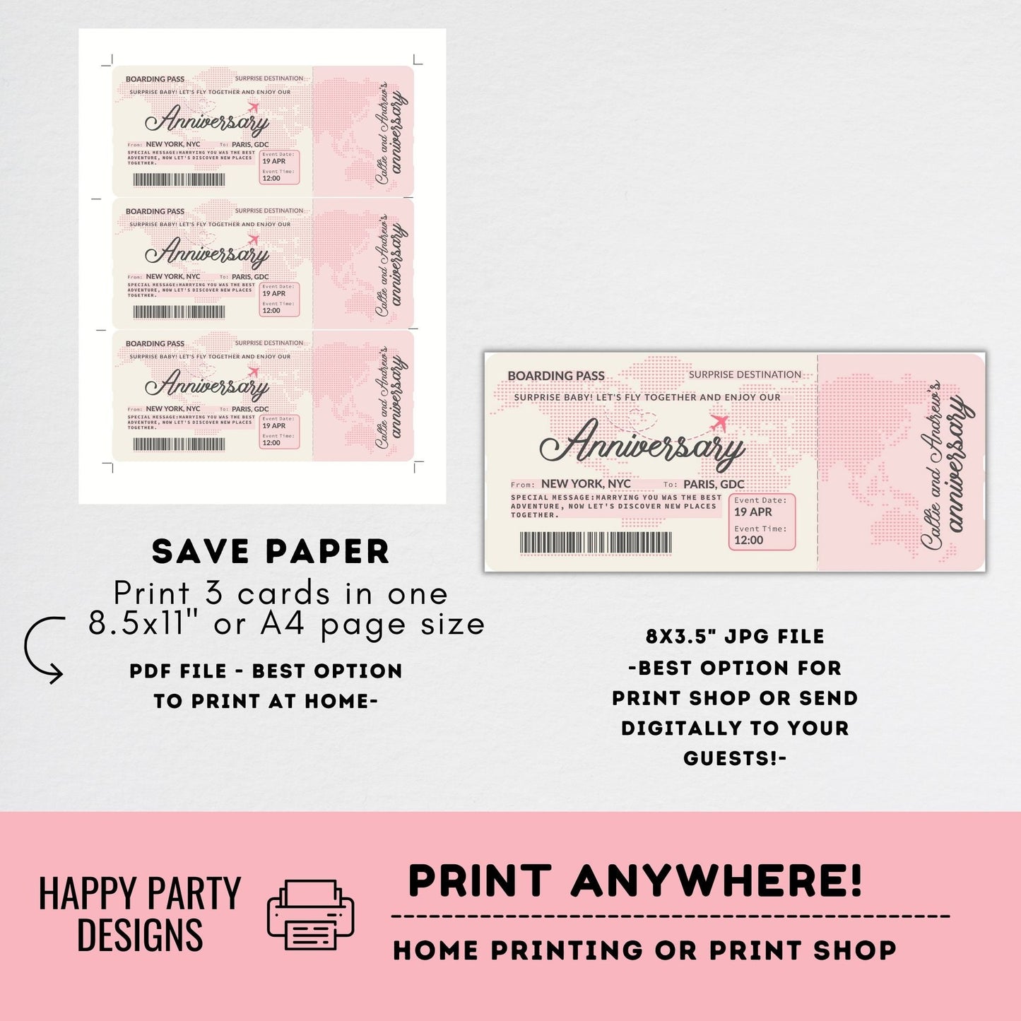 Editable Boarding Ticket Template | Surprise Airline Gift | Vacation | Gift for Her | Couple Gift | Print-at-home | Flight Voucher #A19