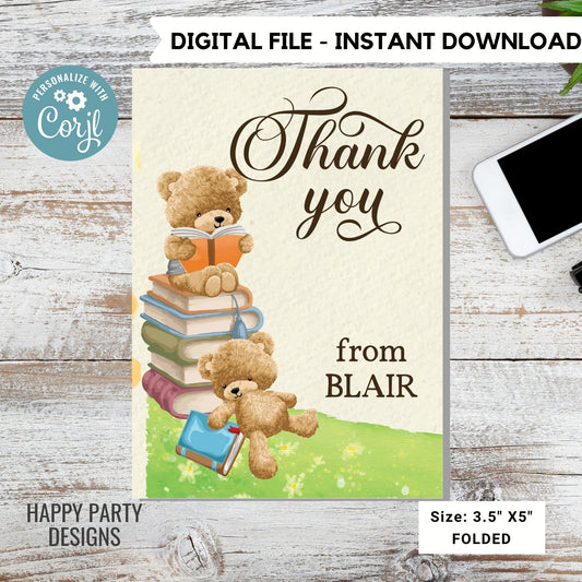 Teddy bear baby shower thank you tag | baby shower Thank you card | books baby shower card | baby teddy card template | Favor tags #B34
