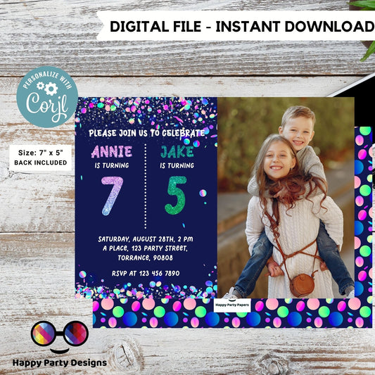EDITABLE Sibling birthday invitations with picture | any age! double birthday invitations | sibling party invitations | double party #K198