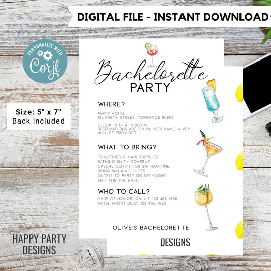 Editable minimalist Cocktails bach Invitation  | Bridal Party Invitation Template| Bachelorette Invite | Let’s Have a Drink or Two #W8