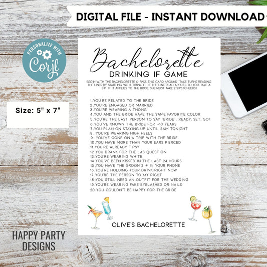 Editable minimalist Cocktails bach party games | Bachelorette Drink If Game Template | Let’s Have a Drink or Two Bachelorette game #W8