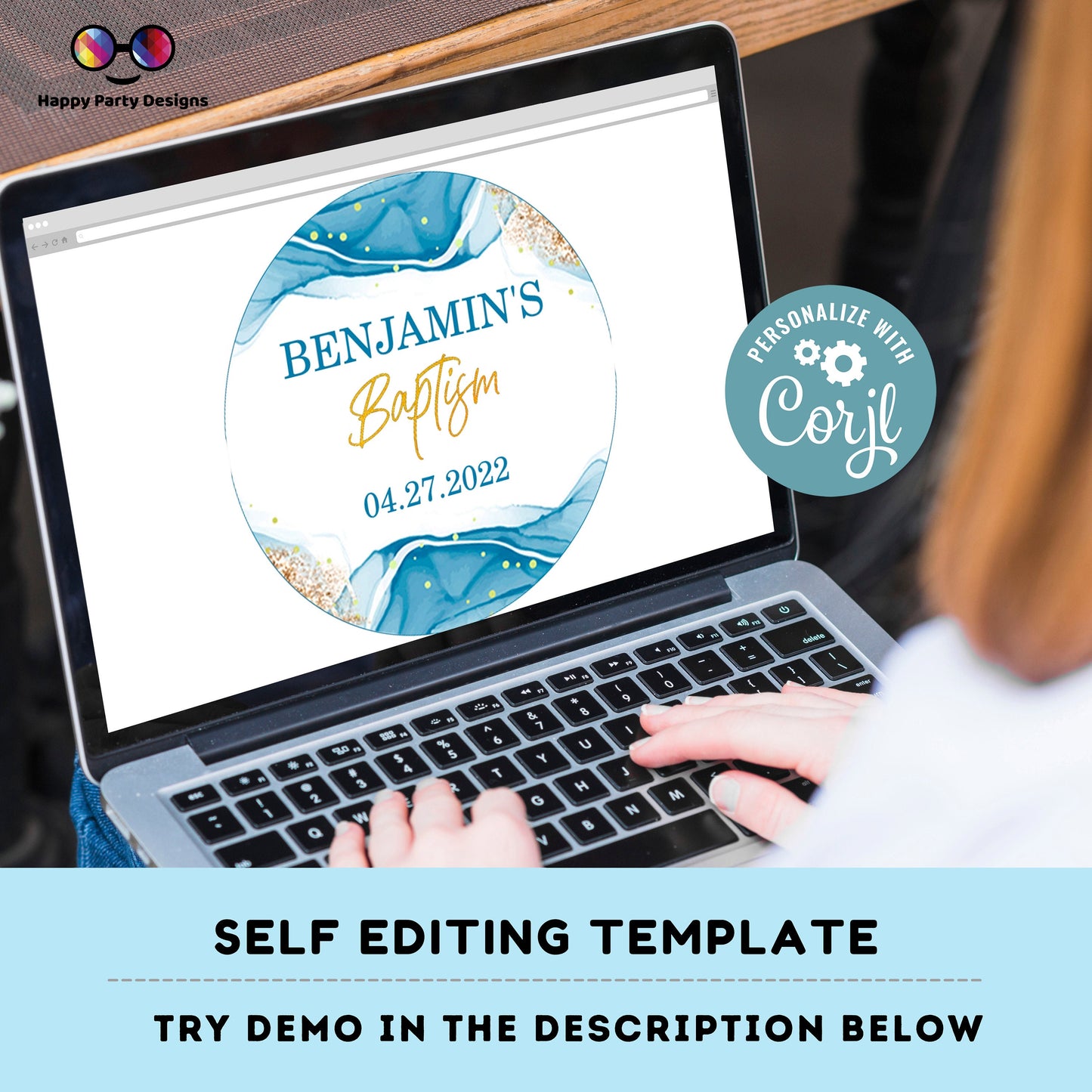 Baptism Round cupcake toppers | Editable blue and gold cupcake toppers | Round Gift Tag | Boy Baptism Blue | Blue Christening Tags