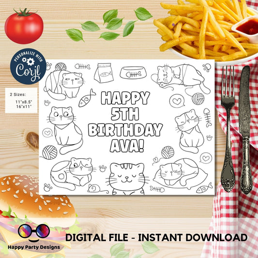 Editable Cute Funny Cats coloring page | Placemat coloring page | Any Age | kittens birthday | Playful Cats Party Activity  #K114