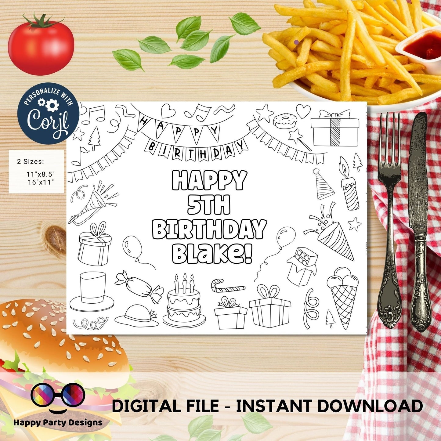 Editable Happy Birthday coloring page | Placemat coloring page | Any Age | Happy birthday placemat | Party Activity | Party favors #K126