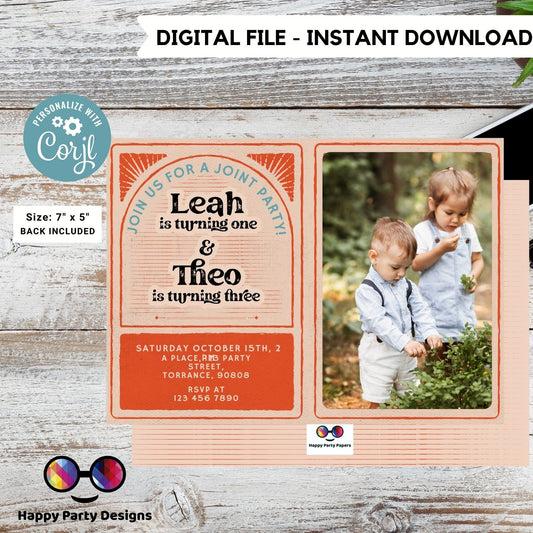 Joint Birthday Invitation Template with photo | Sibling Birthday Invitation | Twins invitation | Arched Photo Birthday Invite | retro #K200