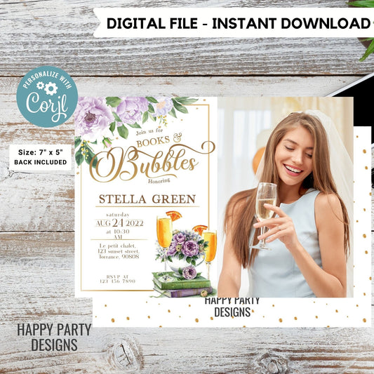 Books and bubbles Themed Bridal Shower Invitation with photo | Love Story Bridal Shower Invitation | Bridal Brunch Wedding Shower #W9