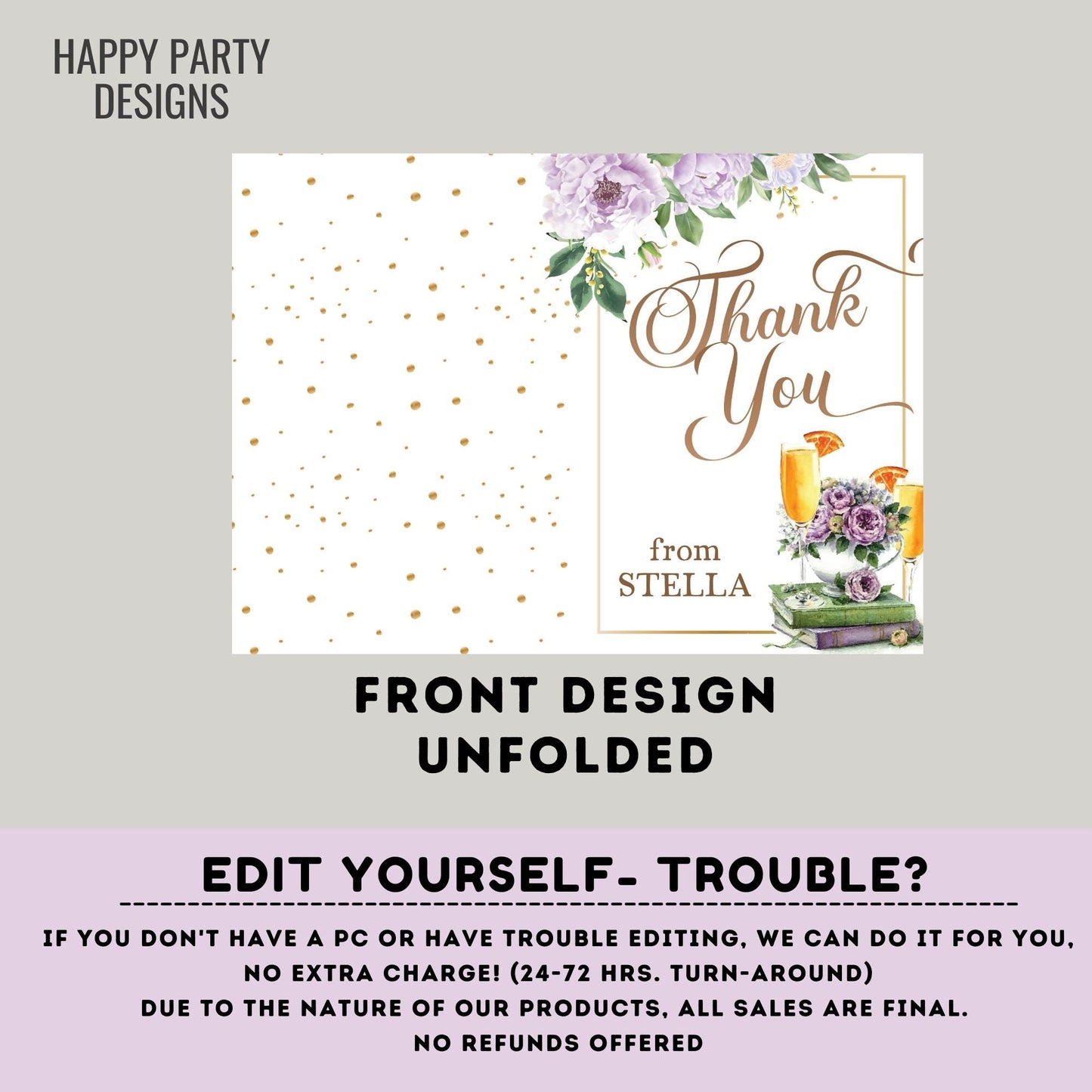 Editable Books and mimosas Themed Thank You Card | Bridal Shower | Baby Shower | Folded Notes Blank Inside | Printable brunch Thank You  #W9