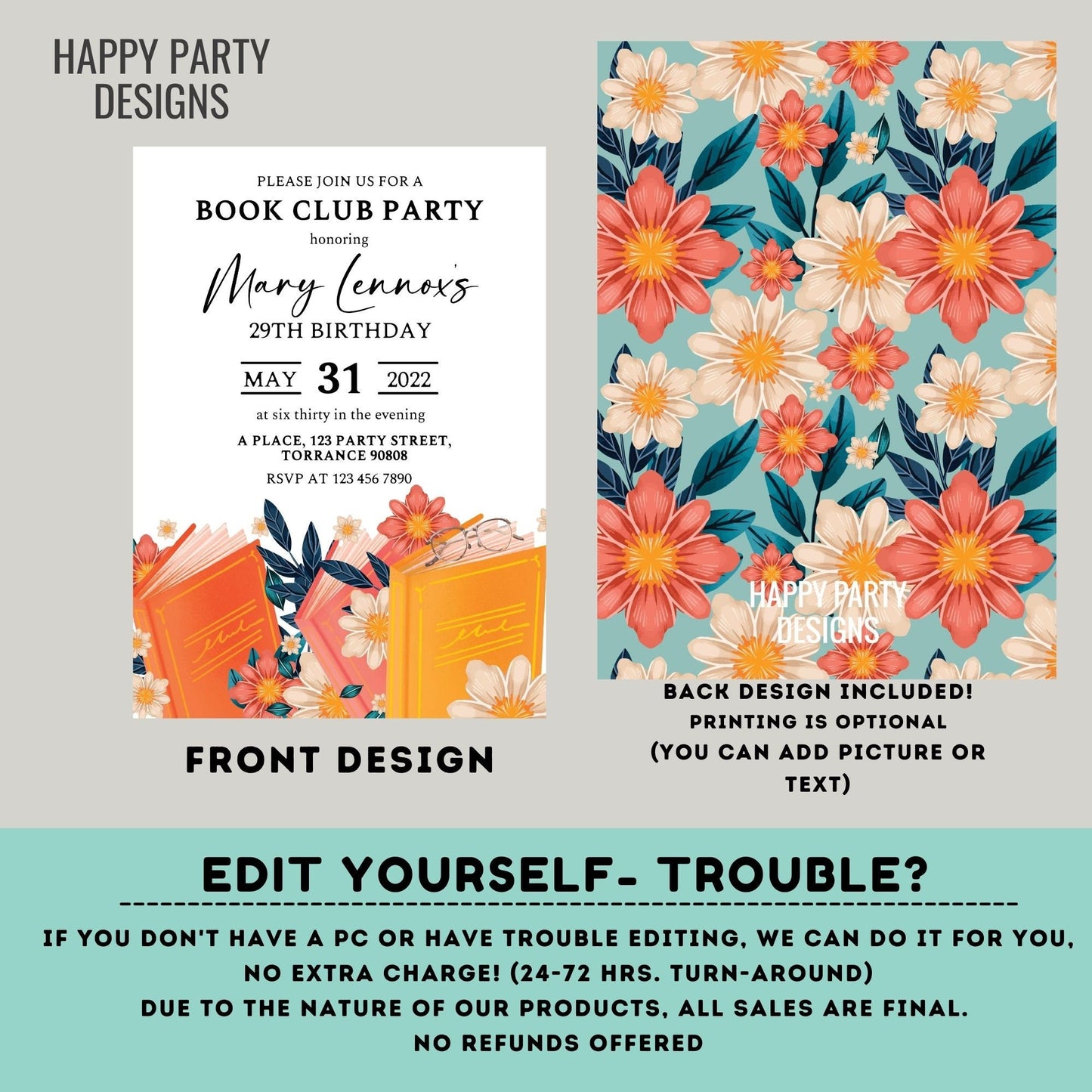 book club party invitation | bridal shower | reader party invite | library party printable template | Floral Book Invitation  #A13