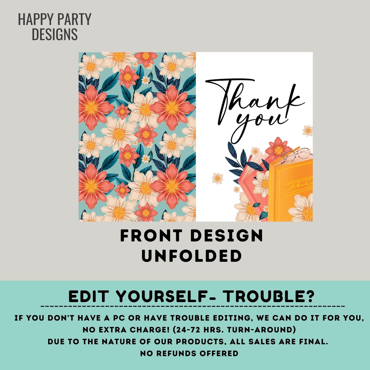 Book Themed Thank You Card Download | Bridal Shower | Baby Shower | Folded Notes Blank Inside | Thank You Book Lover Card #A13