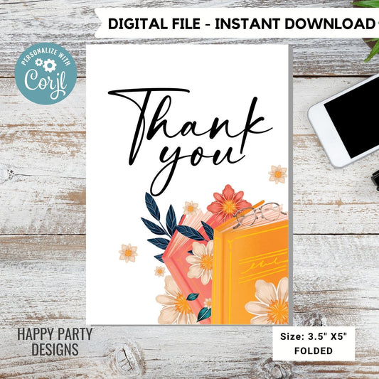 Book Themed Thank You Card Download | Bridal Shower | Baby Shower | Folded Notes Blank Inside | Thank You Book Lover Card #A13