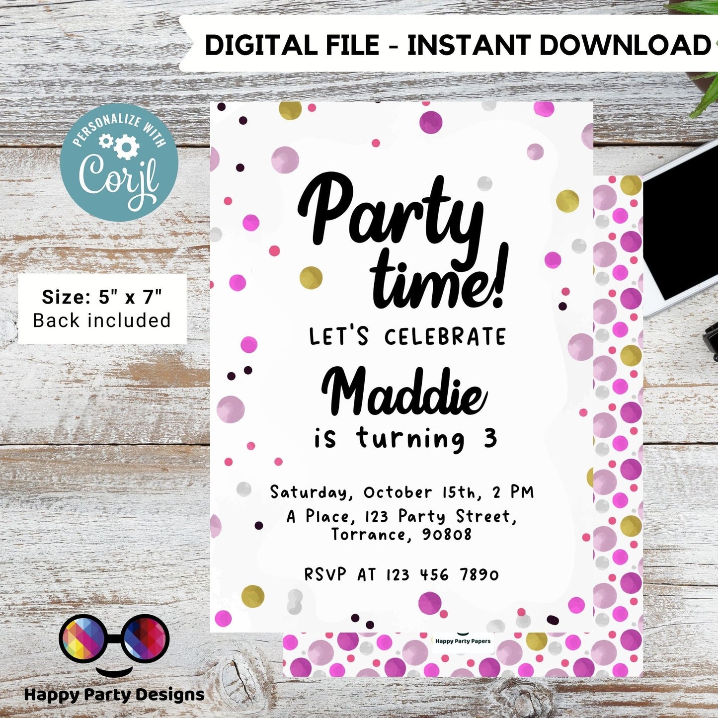 Confetti Party Invitation Template | Party Invite | Editable Template | Party Printable Invite | Birthday girl Confetti #K201