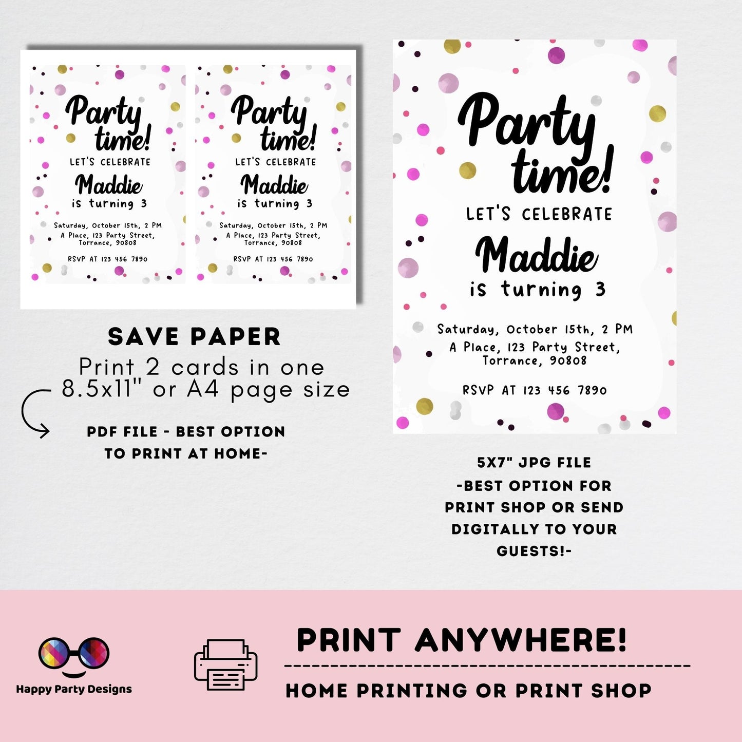 Confetti Party Invitation Template | Party Invite | Editable Template | Party Printable Invite | Birthday girl Confetti #K201