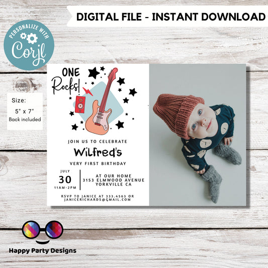 One Rocks Baby 1st Birthday Invitation with picture | First Birthday Invite | Rocked One Year Birthday Invitation | First Bday Invite #K155