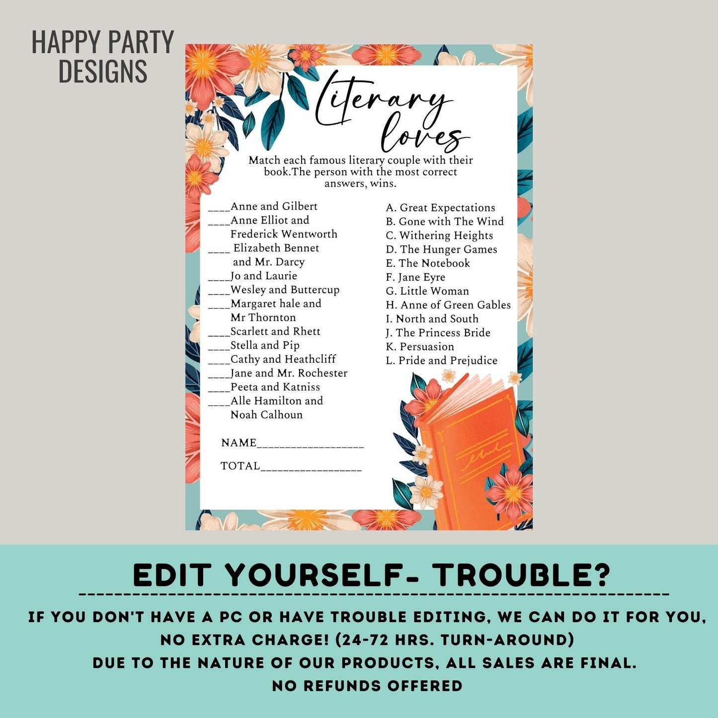 Editable Literary loves books game| Editable Bridal Shower Book Characters Game | book shower game | bridal shower| latte shower | #A13