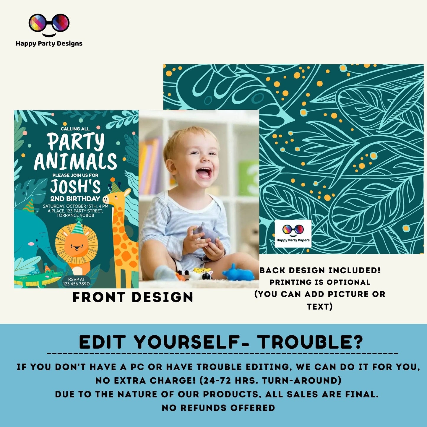 Editable party animals Birthday invitation with photo | Green Birthday | Wild animals  | invitation zoo safari | digital invitation #K202