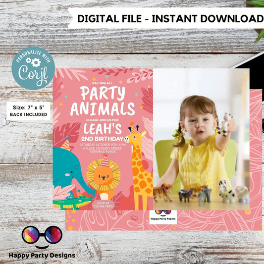 Editable party animals Birthday invitation with photo | Wild animals | invitation zoo safari | digital invitation | birthday girl #K202
