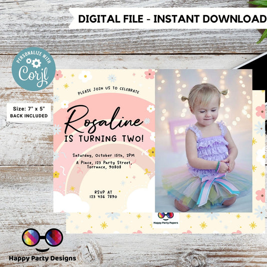 Editable Rainbow Birthday Party Invitation with picture | Instant Download Rainbow Birthday Party Invitation | Pastel colors  #K203