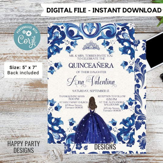 Editable Royal Blue Floral Quinceañera Invitation | EDITABLE TEMPLATE Mis Quince 15 | 16th Birthday Instant Download | Girl Birthday #K169