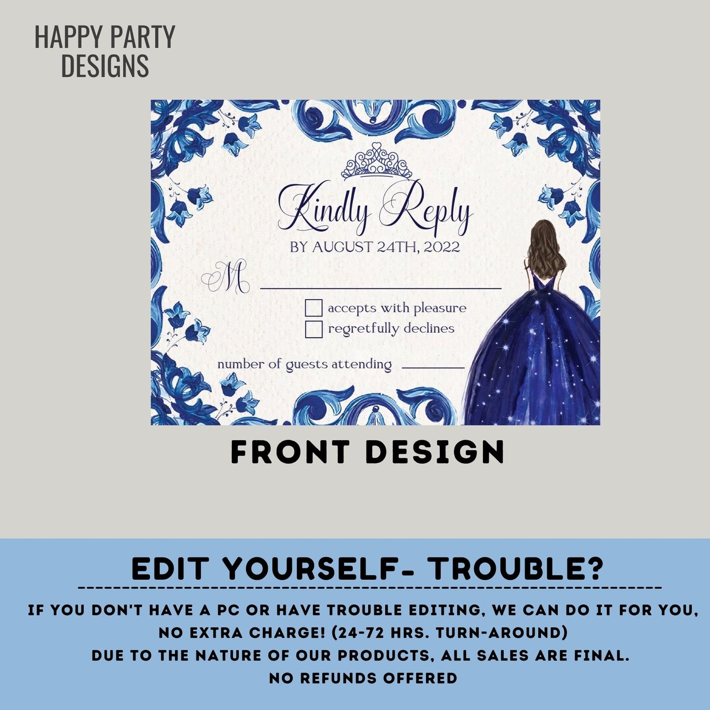 Royal Blue Floral Quinceañera RSVP Card Printable | Mis Quince 15 Anos Diy | 16th Birthday | quinceanera #K169