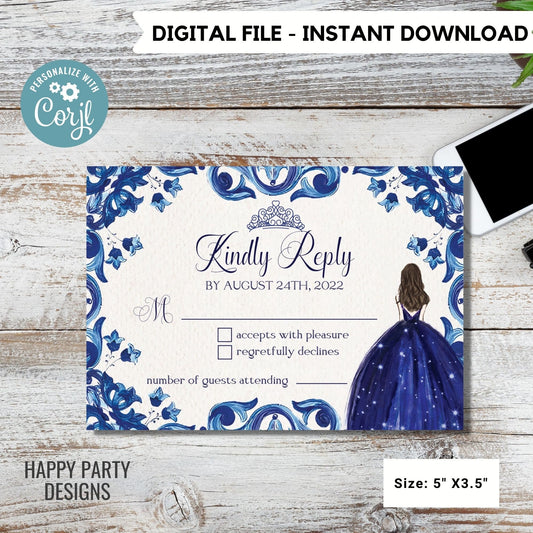 Royal Blue Floral Quinceañera RSVP Card Printable | Mis Quince 15 Anos Diy | 16th Birthday | quinceanera #K169