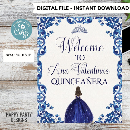 EDITABLE Quinceañera Welcome Sign | Template | Birthday | Sweet 16 | Instant Download Signage | Royal Blue Flower | Mis Quince Anos #K169