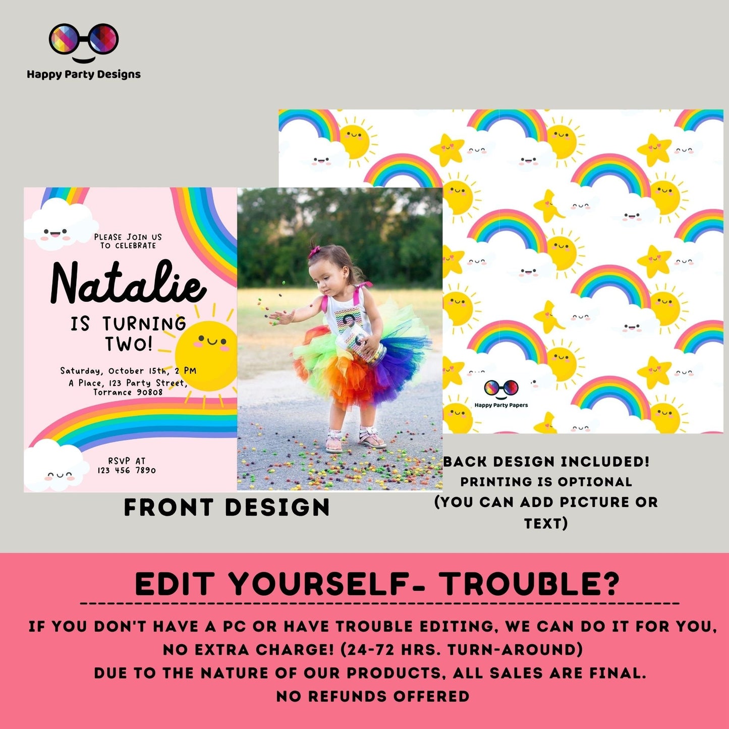 Editable Rainbow Birthday Party Invitation with photo | Instant Download Rainbow Birthday Party Invitation | Rainbow Birthday  #K204