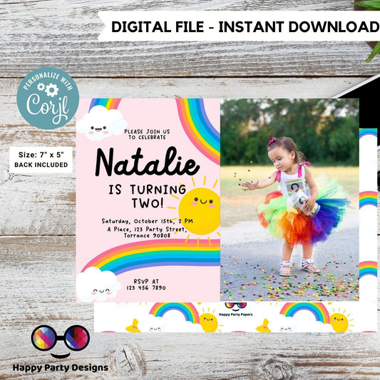 Editable Rainbow Birthday Party Invitation with photo | Instant Download Rainbow Birthday Party Invitation | Rainbow Birthday  #K204