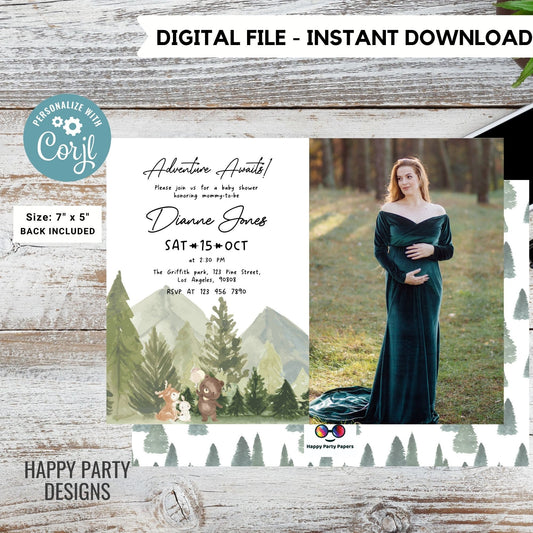 Editable Woodland Baby Shower Invitation with picture | Adventure awaits Baby Shower Invite | teddy bear, bunny, reindeer #B35