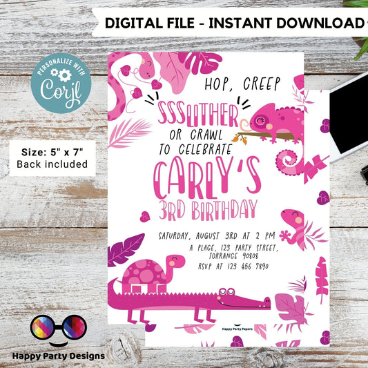 Editable Reptile Invitation | girl Reptile Birthday Invitation Printable | Snake Invitation | Lizard Invitation | Reptile Party Invite #K170