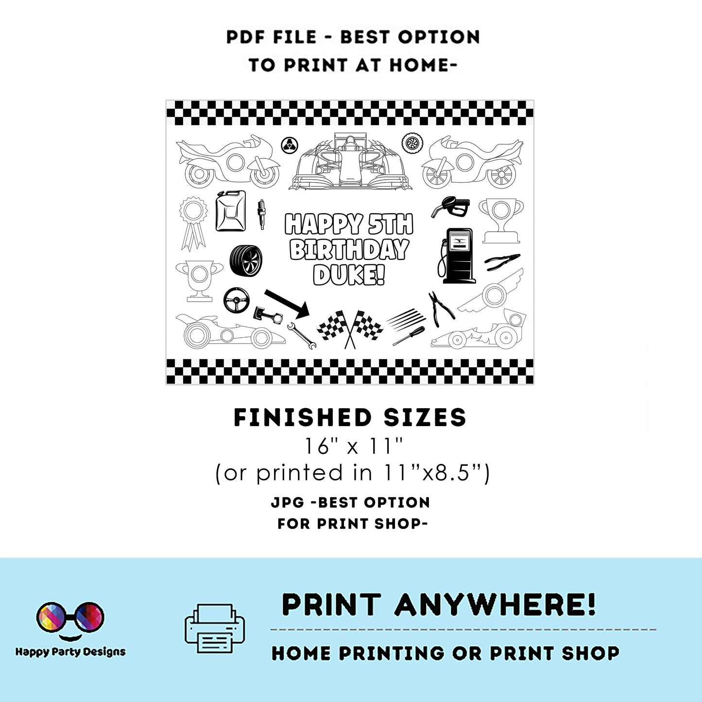 Editable racing cars  coloring page | Placemat coloring page | Any Age | racing cars | Two Fast | Car accesories party placemat #K52