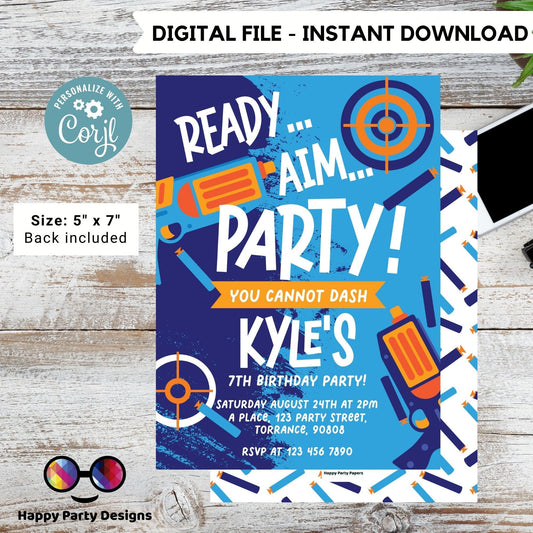 Kids Editable dart gun Birthday Invitation Template | Printable Birthday dart gun Party Invitations | Birthday boy Gun Blasters Battle #K172