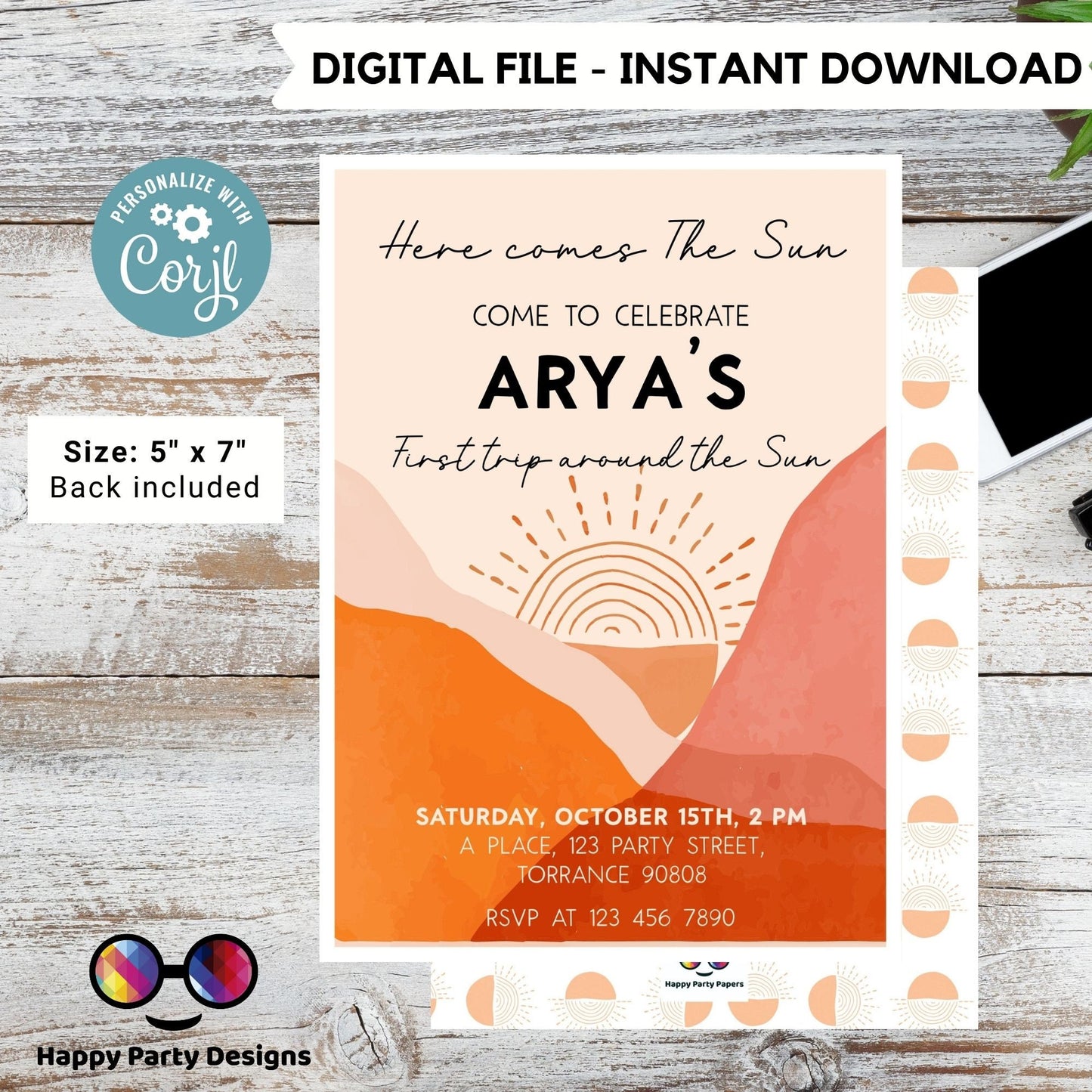 Editable First Trip around the sun Invitation | Boho Sunshine 1st Birthday Party | Here Comes The Sun | Boho 1st Trip Around The Sun #K205