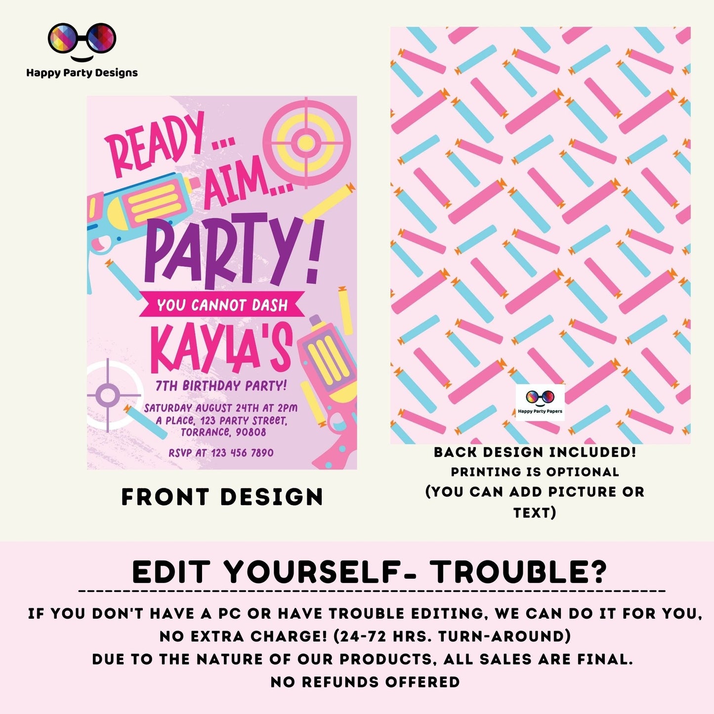 Kids Editable dart gun Birthday Invitation Template |Printable Birthday dart gun Party Invitations | Birthday girl Gun Blasters Battle #K172