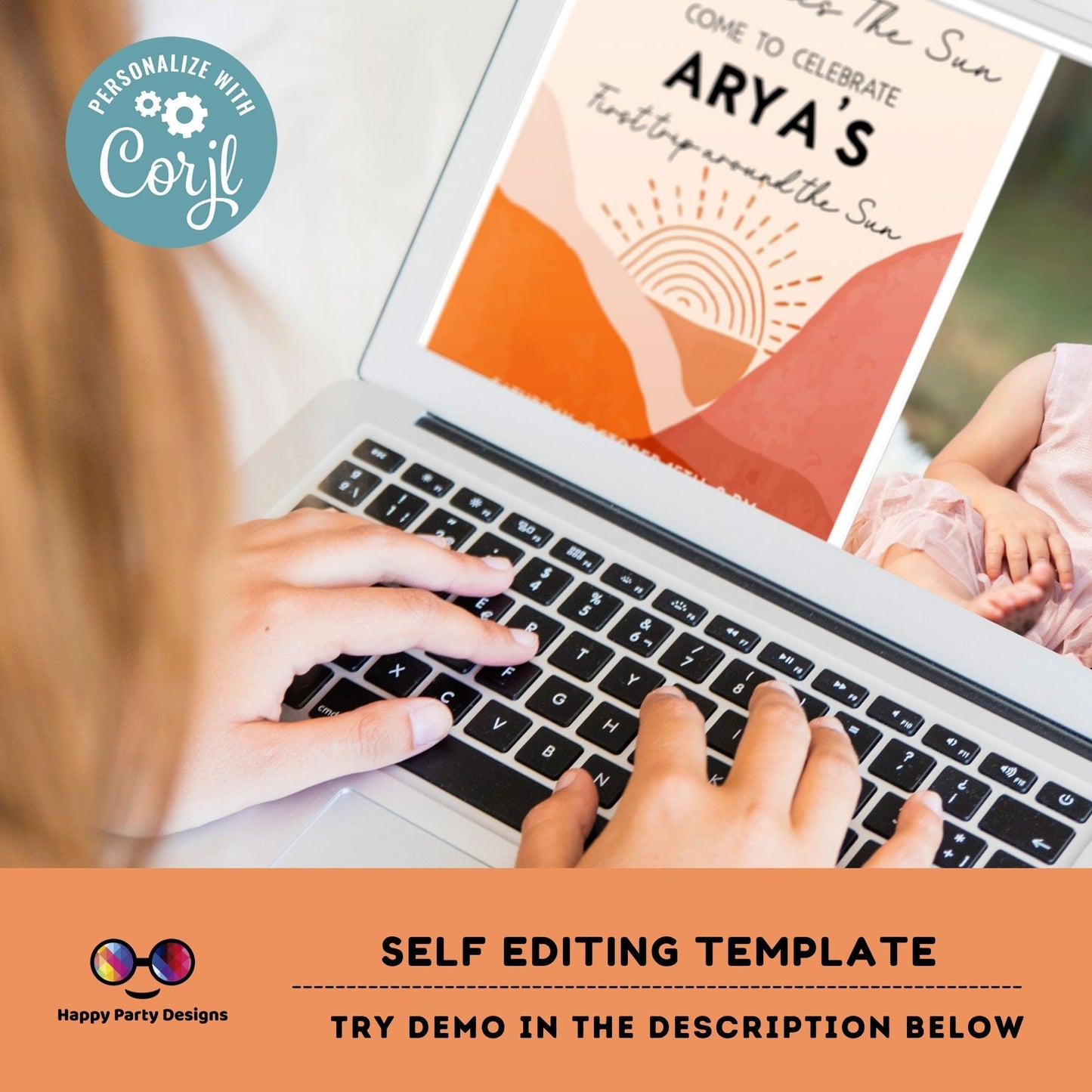 Editable First Trip around the sun Invitation with photo | Boho Sunshine 1st Birthday Party | Here Comes The Sun | Around The Sun #K205