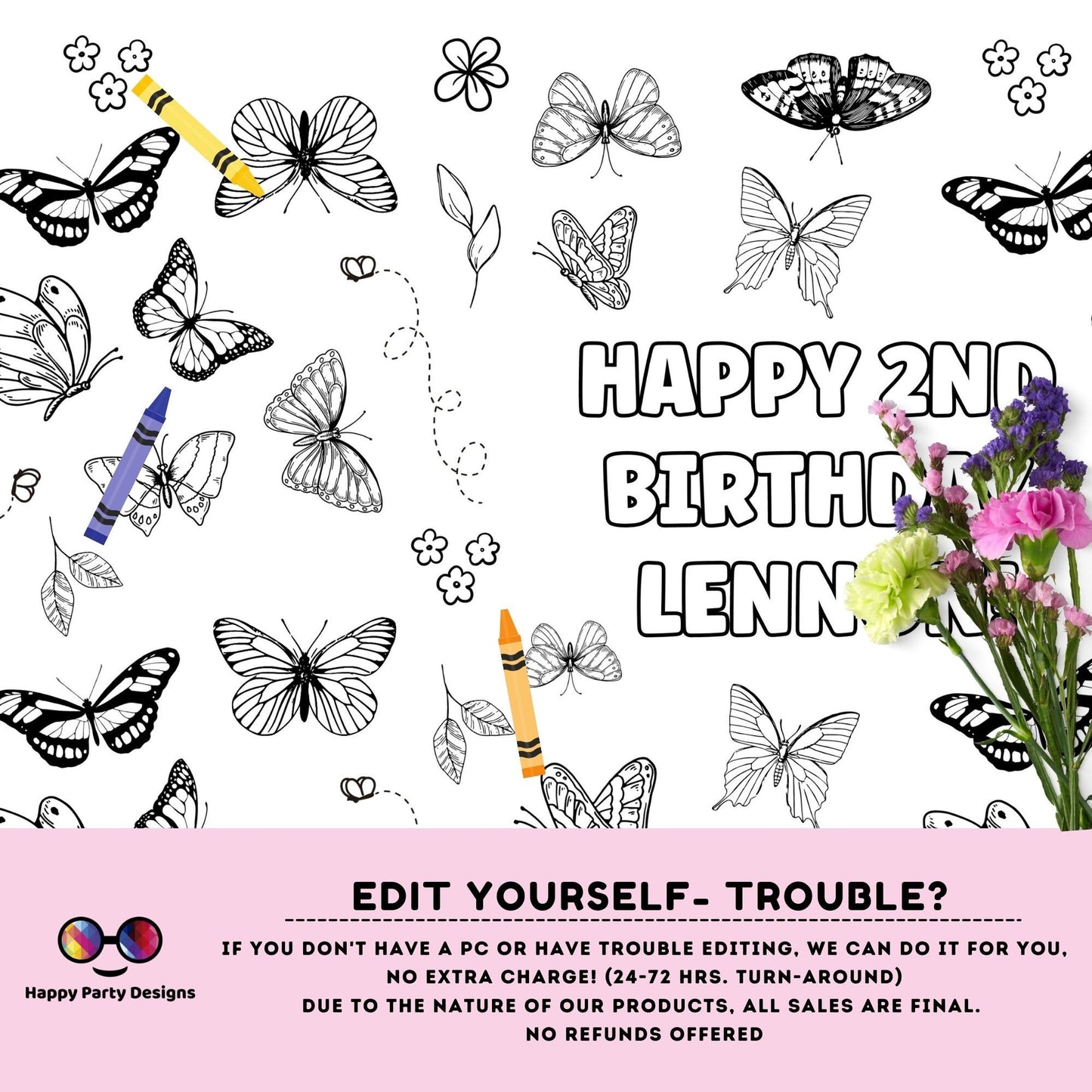 Butterfly XL table runner | Editable  table runner coloring page | Any Age | Table Decor | Butterfly birthday party Activity #K2