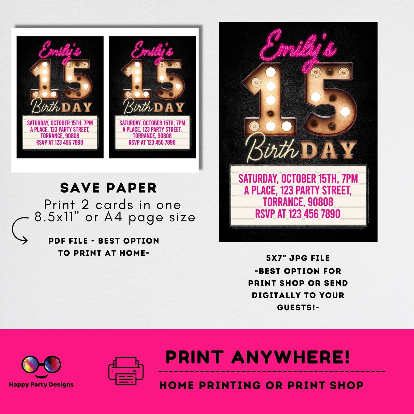 Editable 15th Birthday Invitation Editable Template Party Invitation | Pink marquee birthday Instant Download | Marquee Birthday  #K208