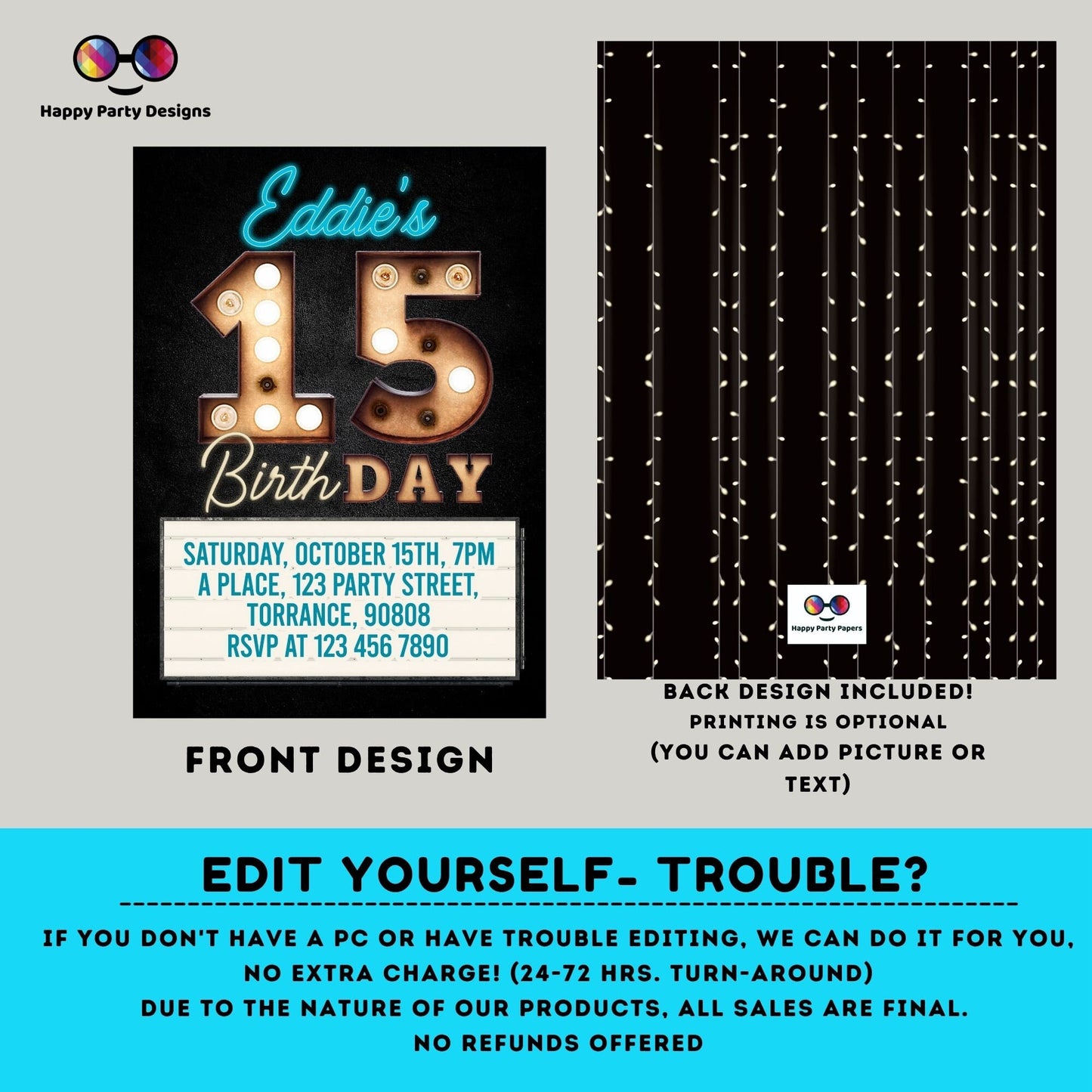 Editable 15th birthday invitation template | editable 15th birthday bulb lights birthday invite | marquee birthday party invites  #K208