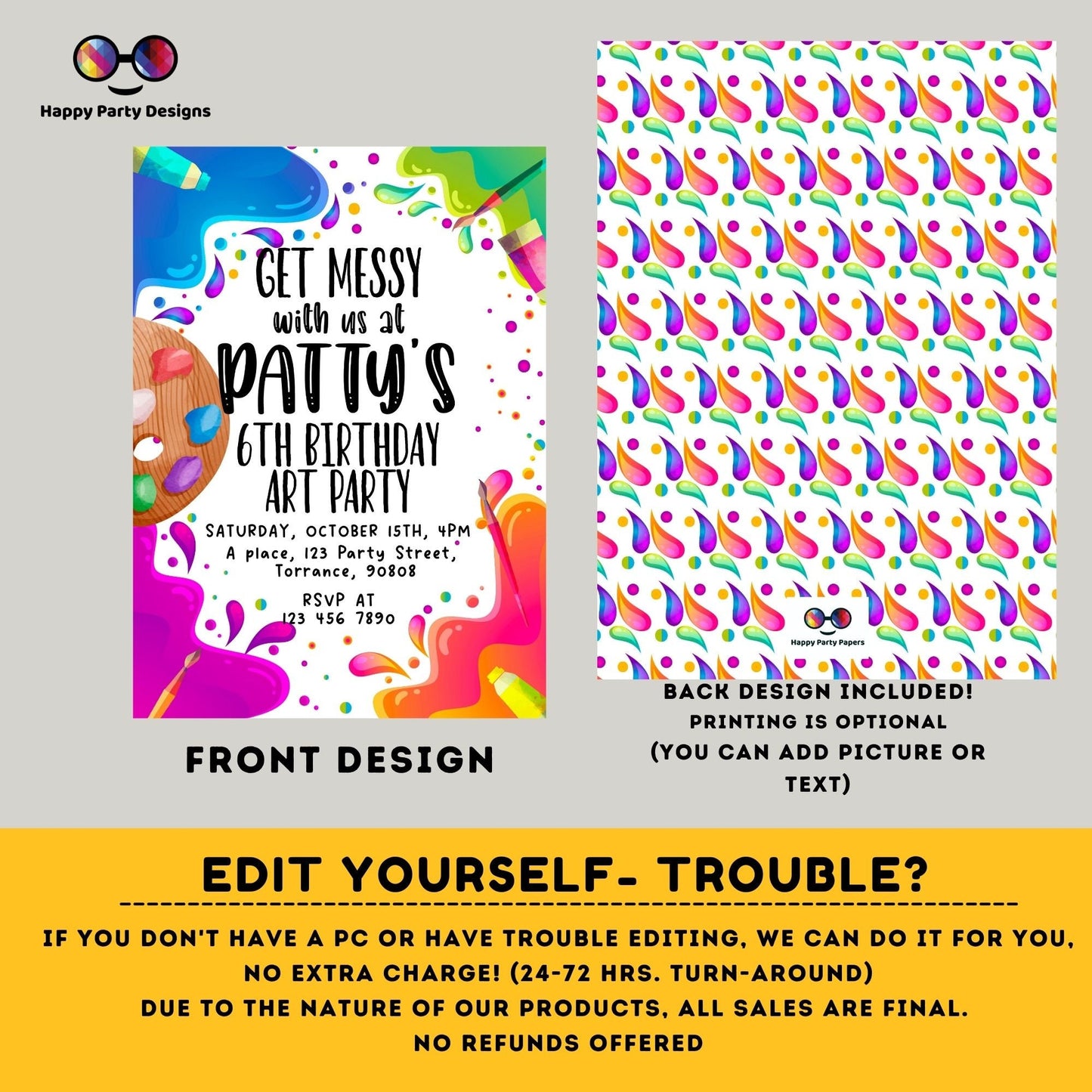 Editable Art Birthday Party Invitation | Girl Painting Party Invite | Canvas Craft Party Rainbow | Painting Party Invitation #K209