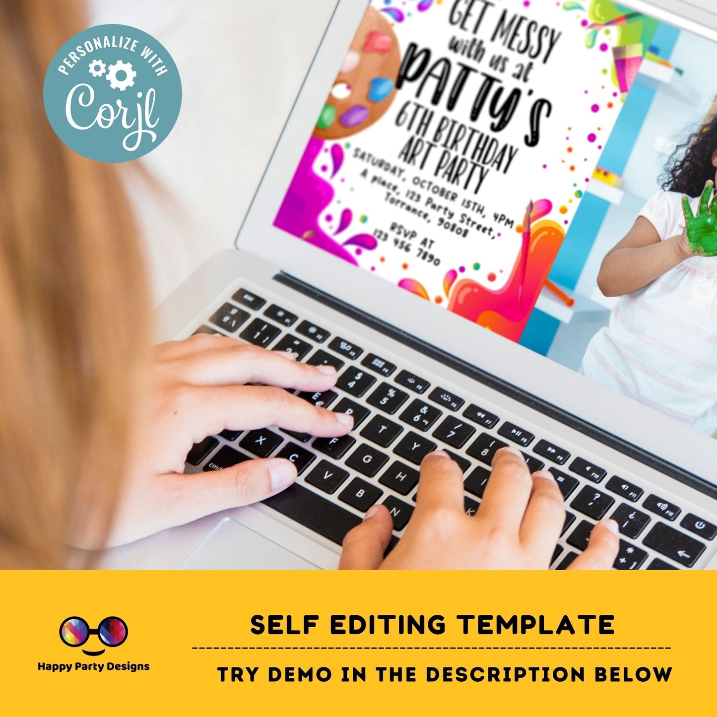 Editable Art Birthday Party Invitation with photo | Girl Painting Party Invite |Canvas Craft Party Rainbow | Painting Party Invitation #K209