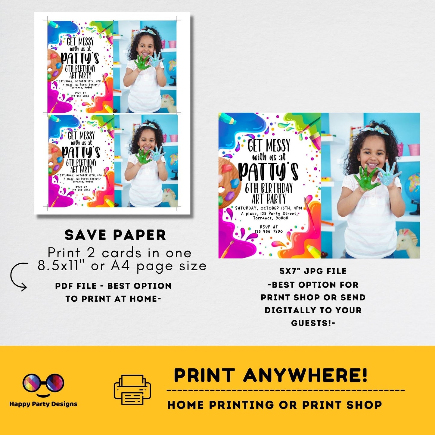 Editable Art Birthday Party Invitation with photo | Girl Painting Party Invite |Canvas Craft Party Rainbow | Painting Party Invitation #K209