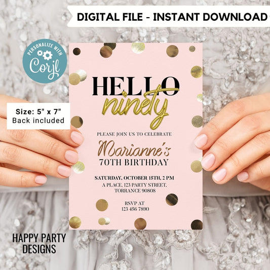 Hello ninety invitation | woman birthday | 90th Birthday Invitation For Women | Printable 90th Birthday Party Invitation #A23