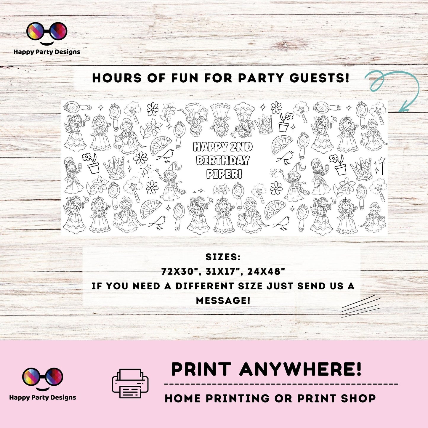 Princess XL table runner | Editable table runner coloring page | Any Age magical princesses birthday | table runner Party Activity #K184