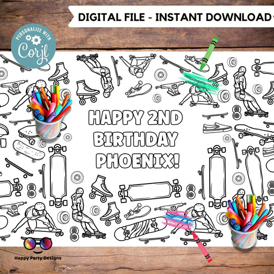 Skateboard XL table runner | Editable table runner coloring page | Any Age | skater birthday | table runner skate Party Activity #K117