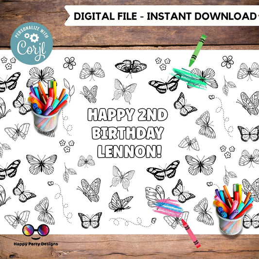 Butterfly XL table runner | Editable  table runner coloring page | Any Age | Table Decor | Butterfly birthday party Activity #K2