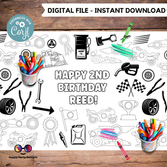 Racing cars XL coloring Table Runner | Editable table runner coloring page  | racing cars | Two Fast  Car accesories party table runner #K52