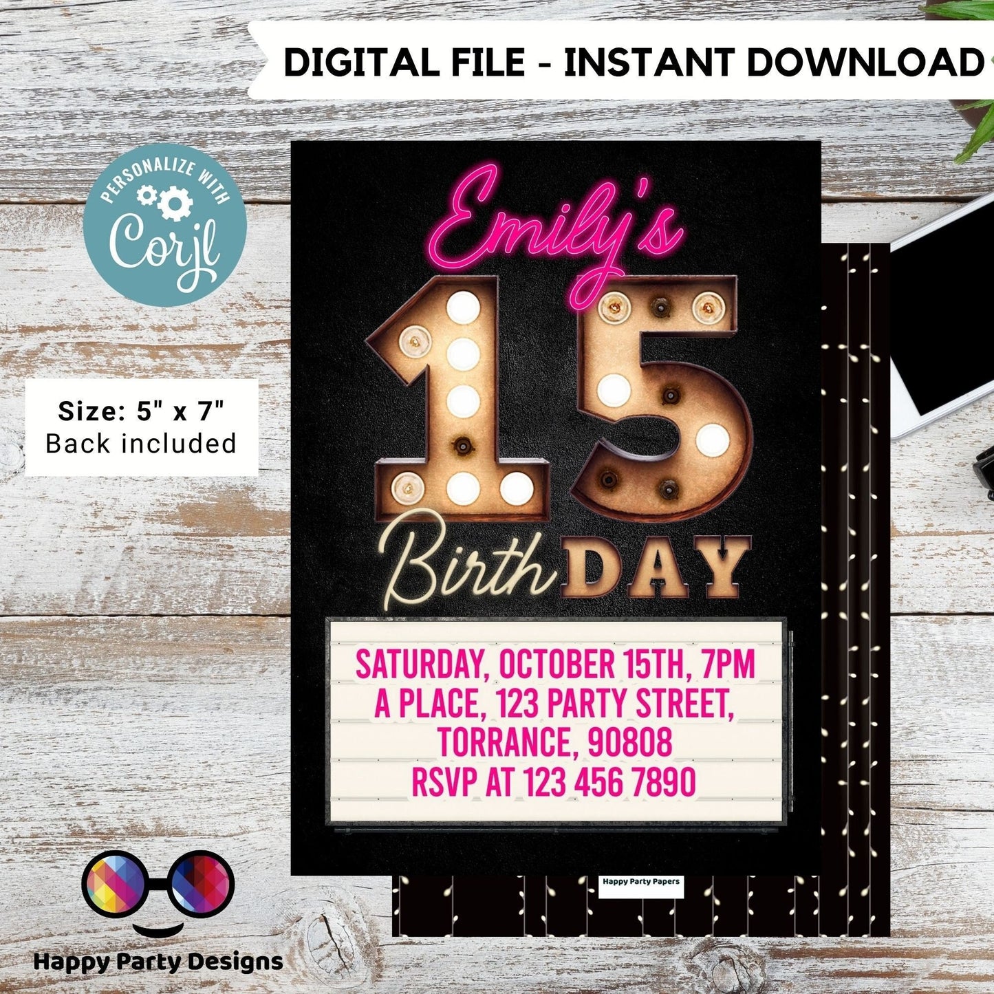 Editable 15th Birthday Invitation Editable Template Party Invitation | Pink marquee birthday Instant Download | Marquee Birthday  #K208