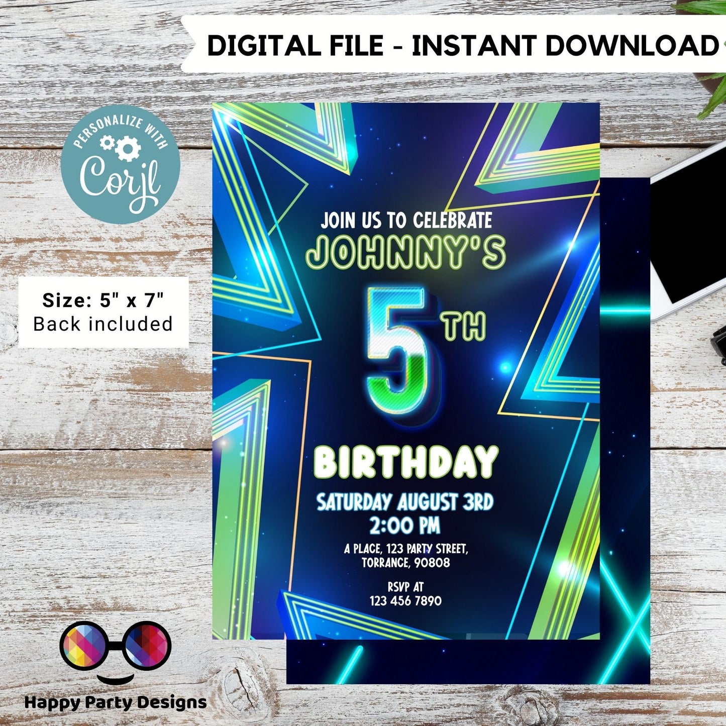 EDITABLE Boy 5th birthday invitation | Neon Glow in the dark Party | Birthday Boy | 5th Neon Green Blue Birthday #K185
