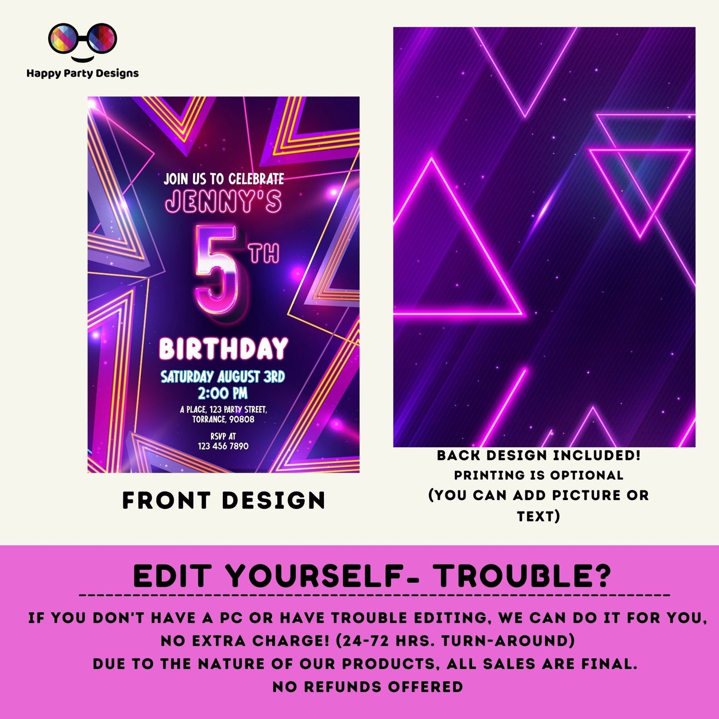 EDITABLE girl 5th birthday invitation | Neon Glow in the dark Party | Birthday girl | 5th pink and purple Birthday #K186