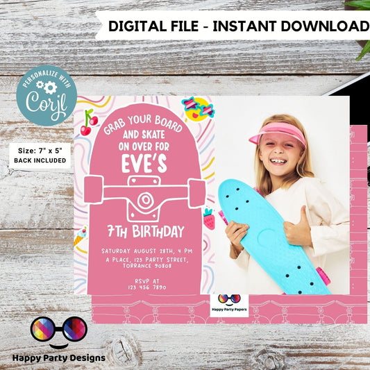 Editable roller skating invitation | skate on over invite | Digital let's skate party printable | Birthday girl | Personalize Online #K188
