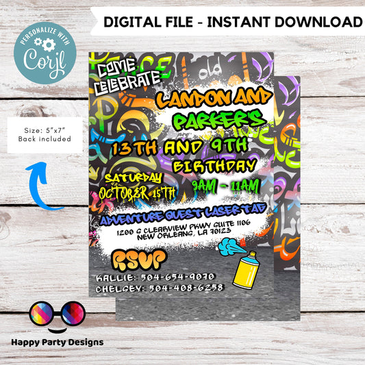 Editable Graffiti invitation | Digital graffiti printable invite | Birthday sibllings | Graffiti Invitation | Personalize Online #K1